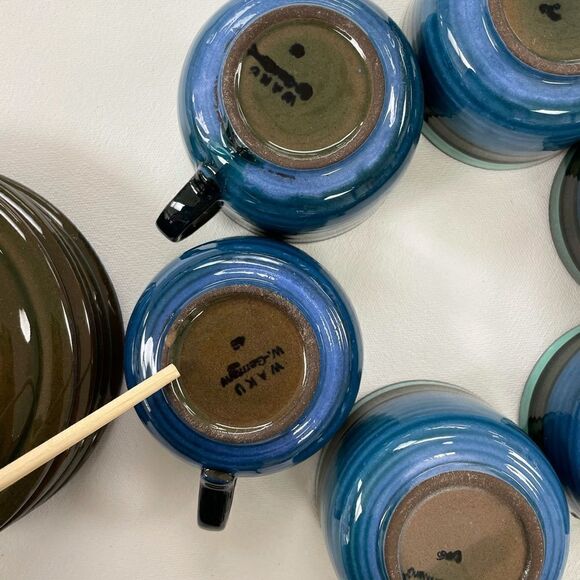 Waku West Germany set of 6 cups and saucers 1960s teal green violet stripes - Picture 4 of 6